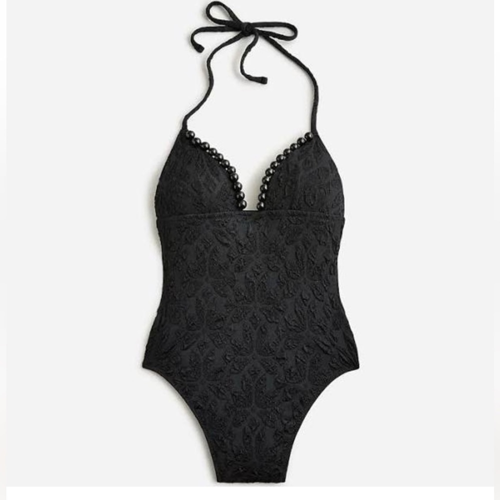 J CREW BEADED CLOQUE HALTER ONE PIECE SWIMSUIT BLACK NWT SZ 16